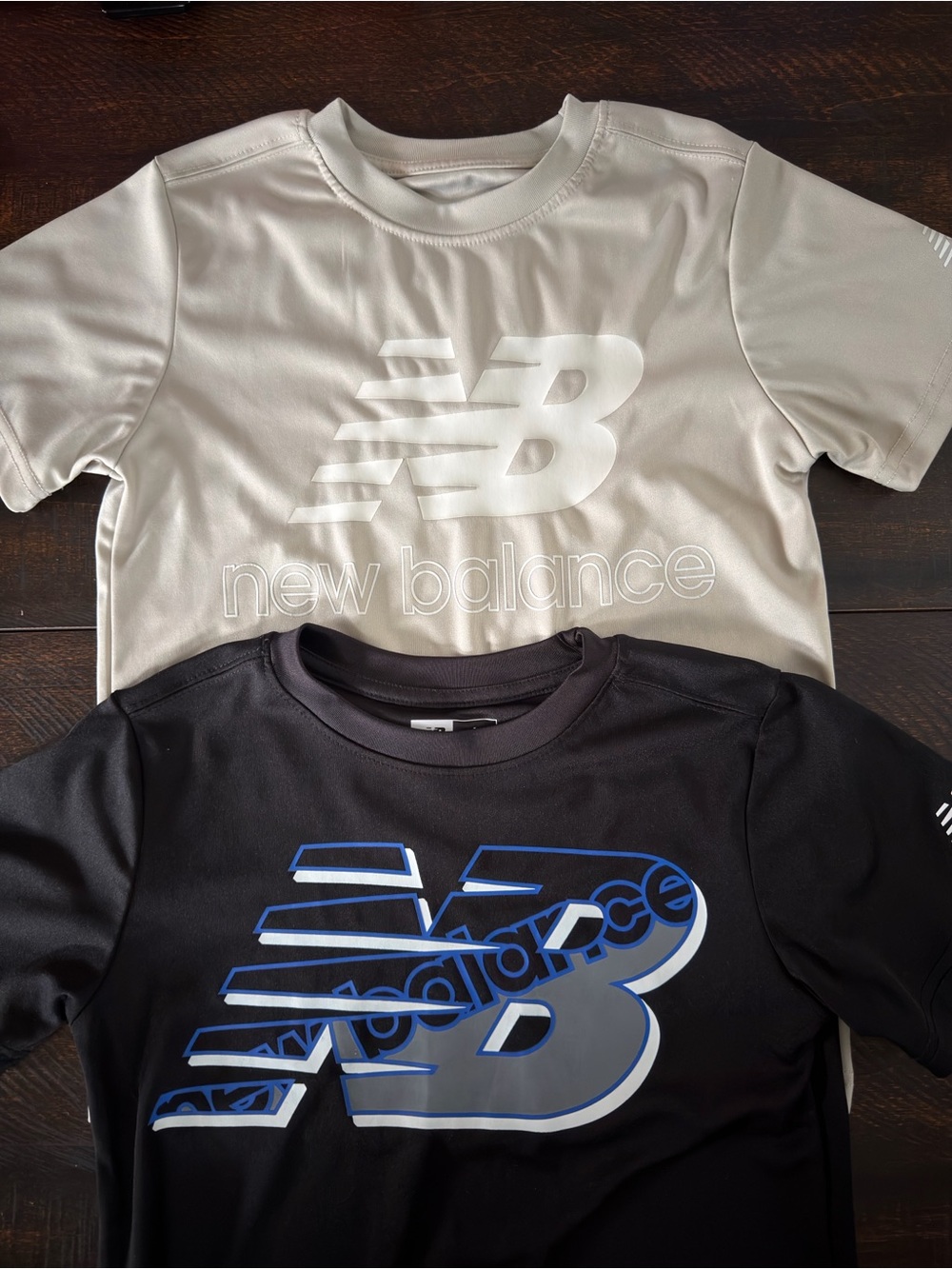 New Balance Kids Short Sleeve Logo Tees - Beige and Black with Blue Accent
